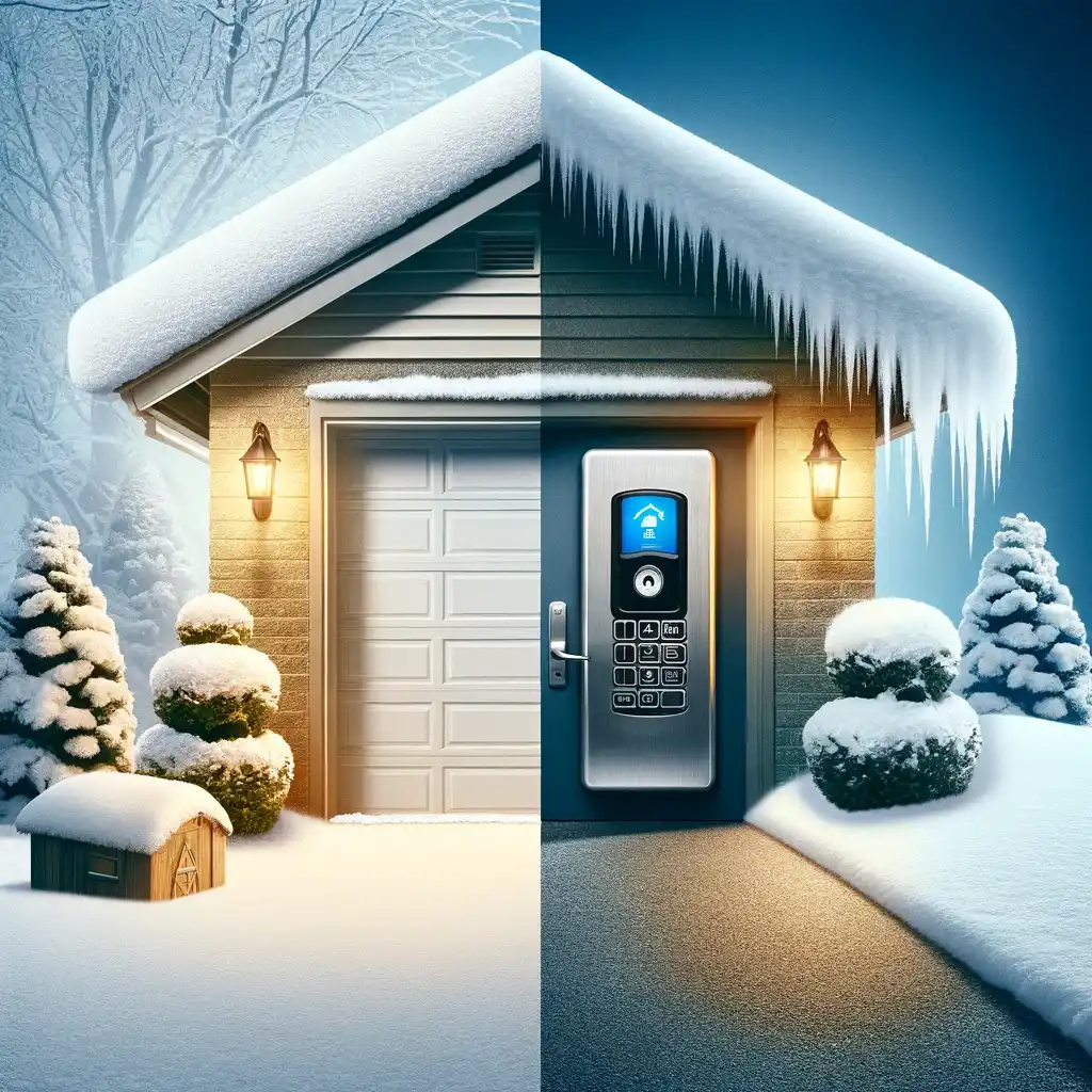 DALL·E 2023 12 26 10.17.10 A square image depicting two themes 'Preparing for Winter' and 'Enhancing Home Security.' Half of the image shows a well insulated garage door with s
