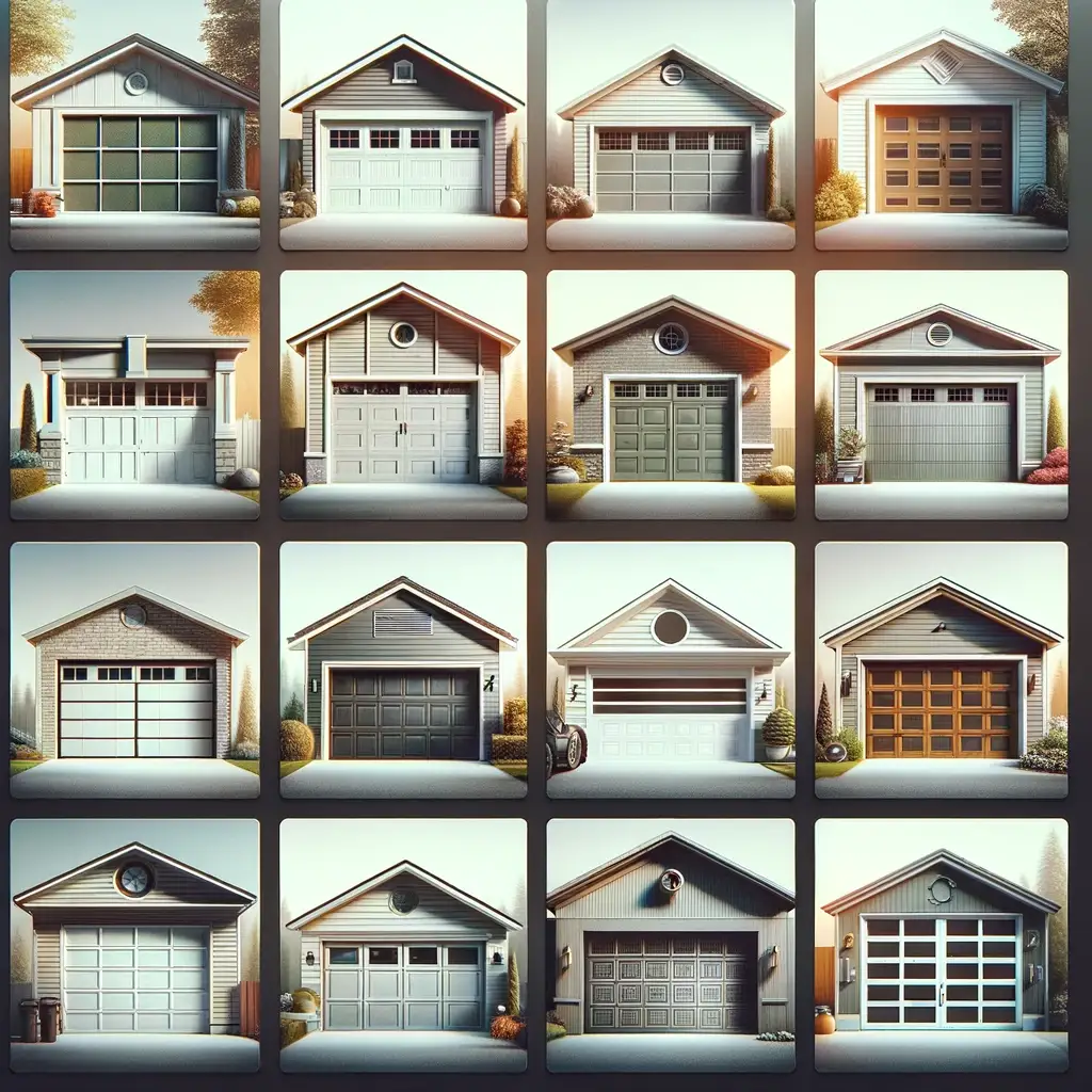 showcasing various options for a garage door. The image includes multiple garage doors side by side, each representing different styles